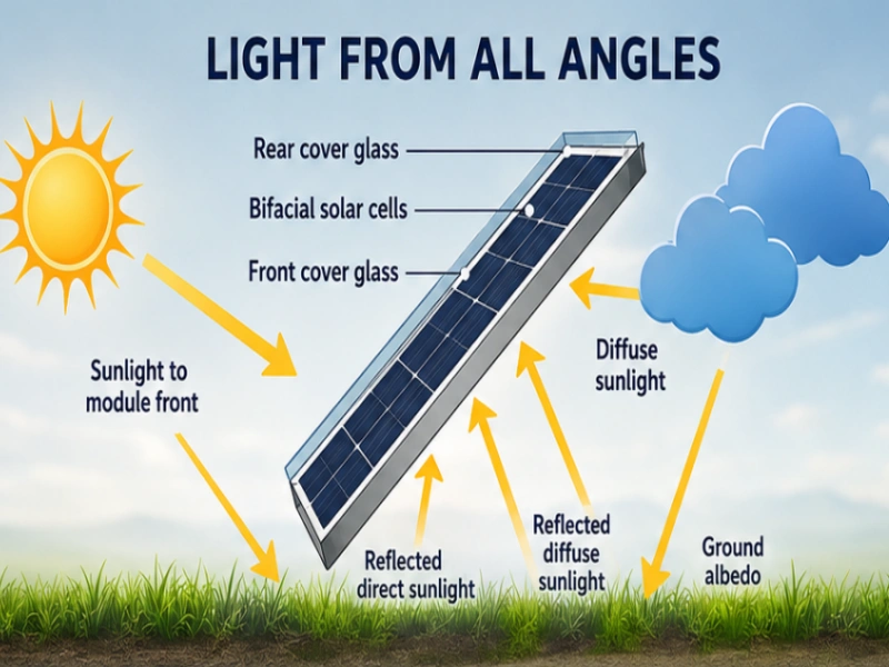 Bifacial Solar Panel Working Principle – Light From All Angles Bifacial solar panel capturing direct, diffuse, and reflected sunlight from both sides
