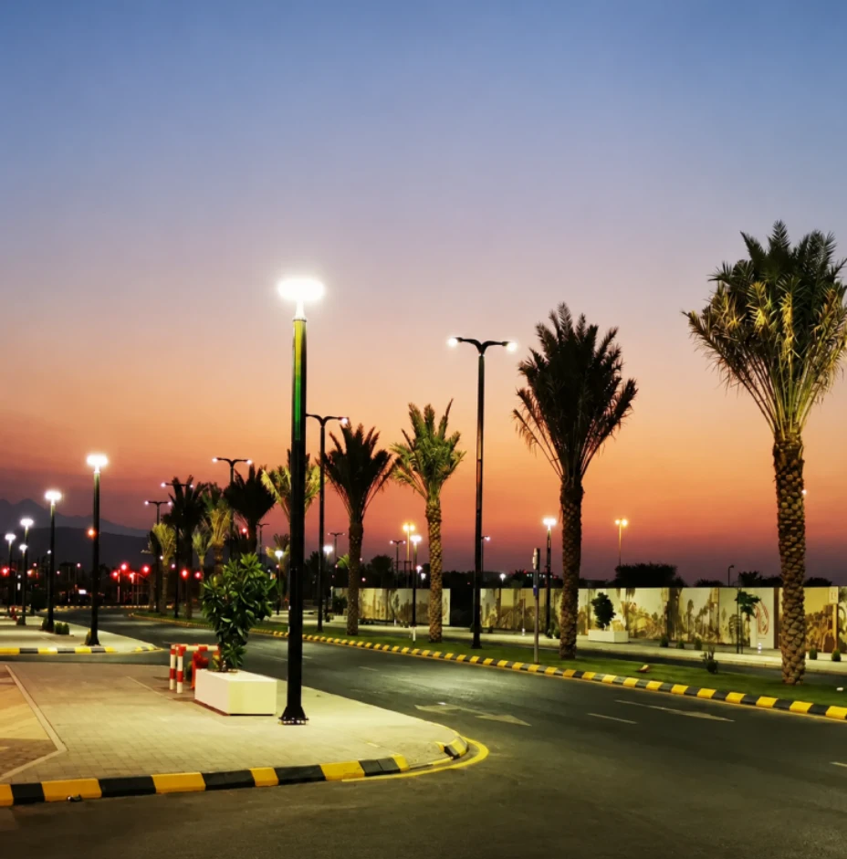 Street Lighting Application for Cylindrical Solar Panels Illuminated street lights along a palm-lined road at dusk