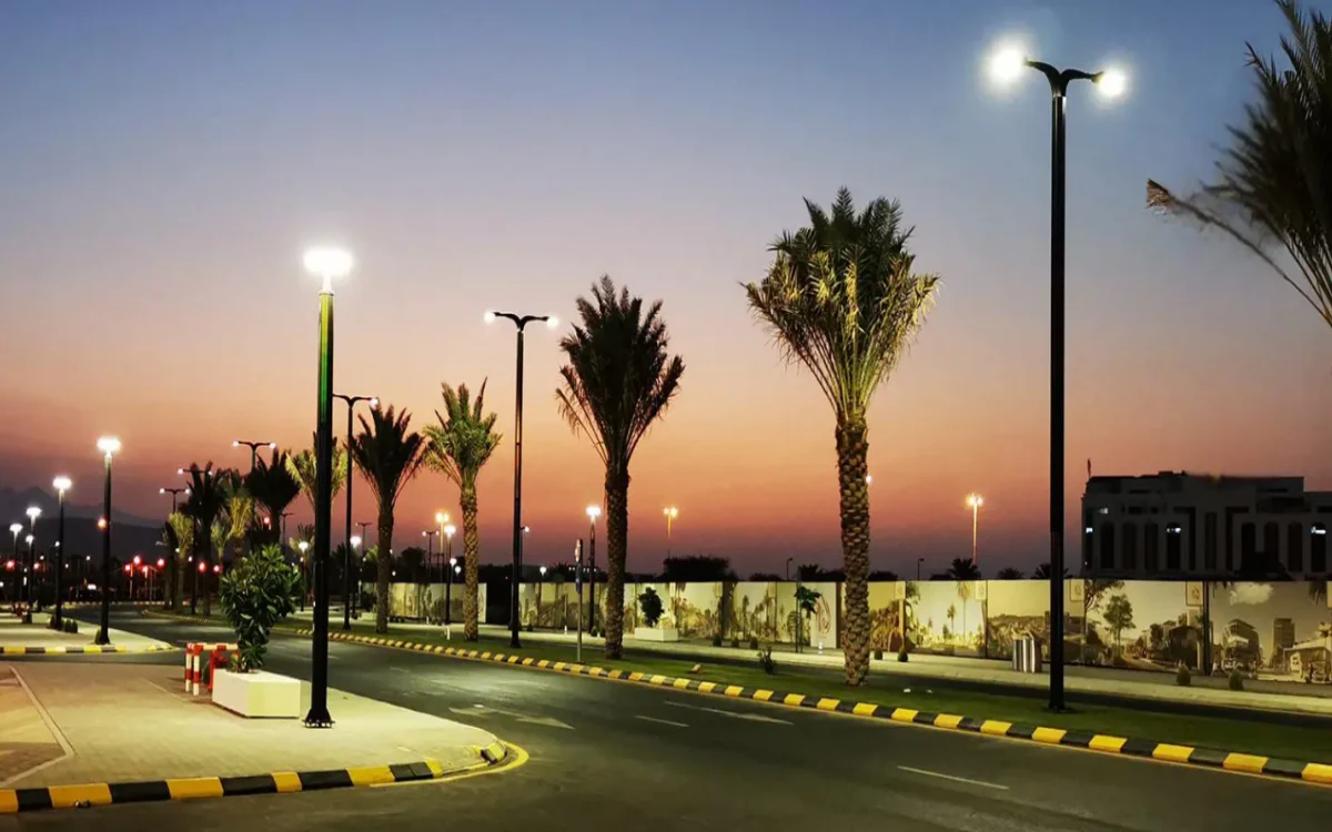 Solar Pathway Lighting in a Park Solar lighting poles illuminating a park pathway in the evening