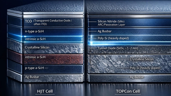 N-type TOPCon and HJT Solar Technology N-type TOPCon and HJT monocrystalline solar panel technology for high efficiency photovoltaic modules