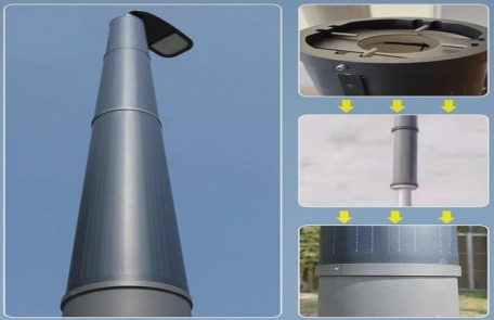 Pole Preparation for Cylindrical Solar Panel Installation Metal street light pole with mounting brackets and an LED fixture