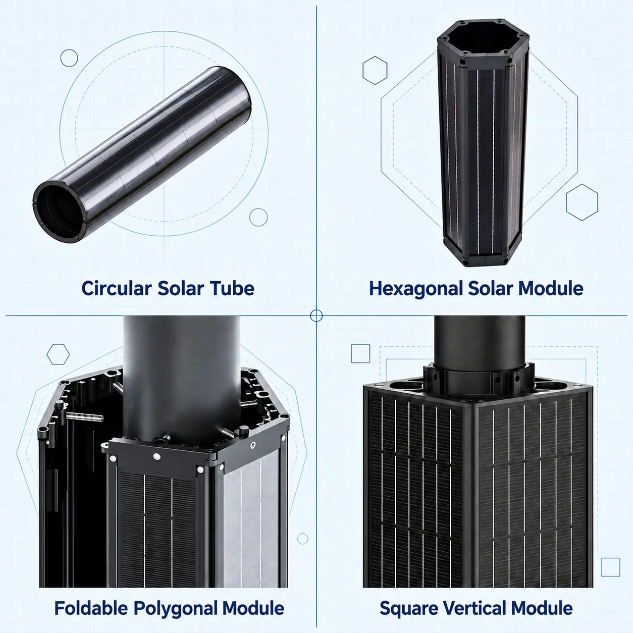 Cylindrical Solar Panel and Related Pole-Integrated Designs Comparison of a circular cylindrical solar panel, hexagonal solar module, foldable polygonal module and square vertical module