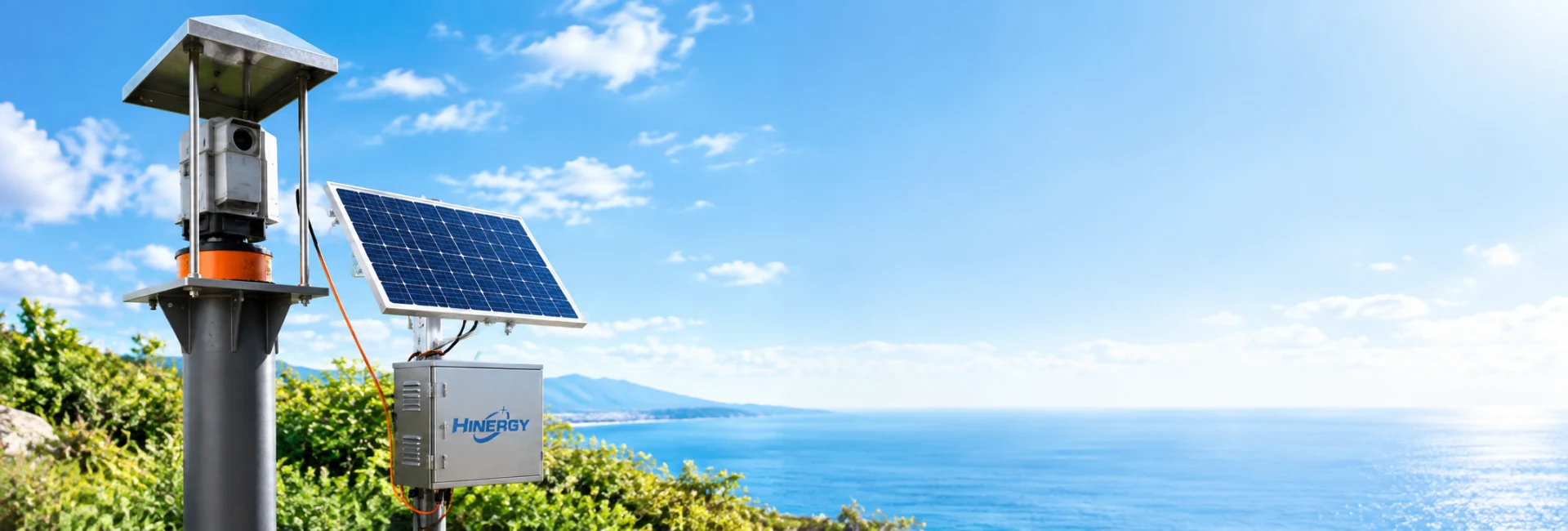 Small solar panel powering outdoor monitoring equipment, demonstrating Hinergy's custom solar panel solutions for IoT, monitoring and other low-power applications. Small Solar Panel Manufacturer for Custom Solar Solutions | Hinergy