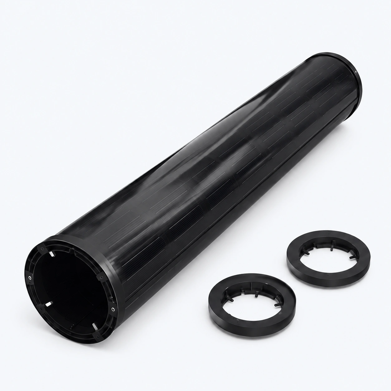 Cylindrical Solar Panel with Mounting Rings Black cylindrical solar panel with two mounting rings on a light gray background