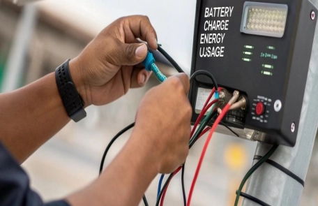 Charge Controller Connections for a Cylindrical Solar Panel System Hands connecting cables to a solar charge controller mounted on a pole