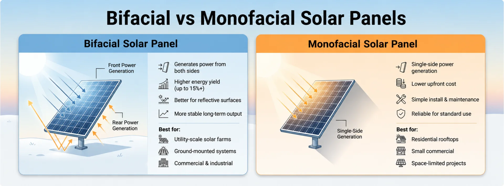 Difference Between Bifacial and Monofacial Solar Panels Bifacial solar panel vs monofacial solar panel comparison showing different energy generation methods