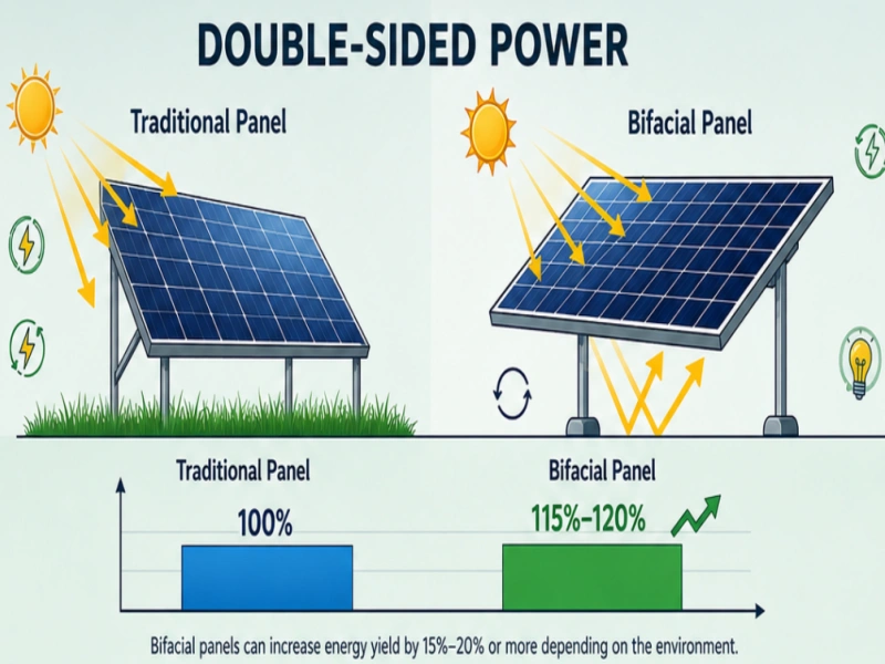 Bifacial Solar Panel Double-Sided Power Comparison Bifacial solar panel generating power from front and rear sides compared with a traditional solar panel