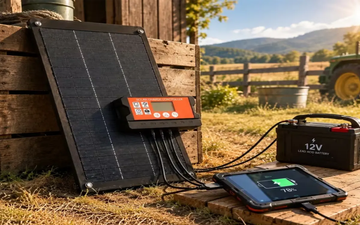 Solar charge controller connected to a battery using red and black clip leads