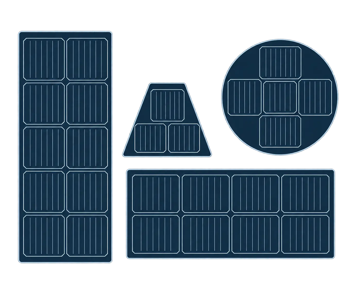 Illustration of custom solar panels in rectangular, circular and trapezoidal shapes