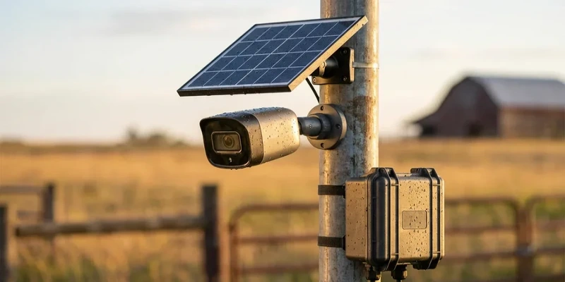 Outdoor security camera with a solar panel mounted on the same pole