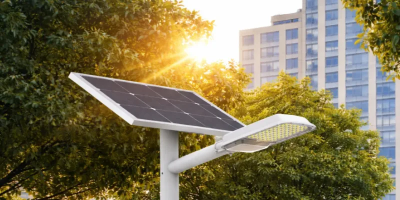 Solar panel mounted on a bracket above a street light