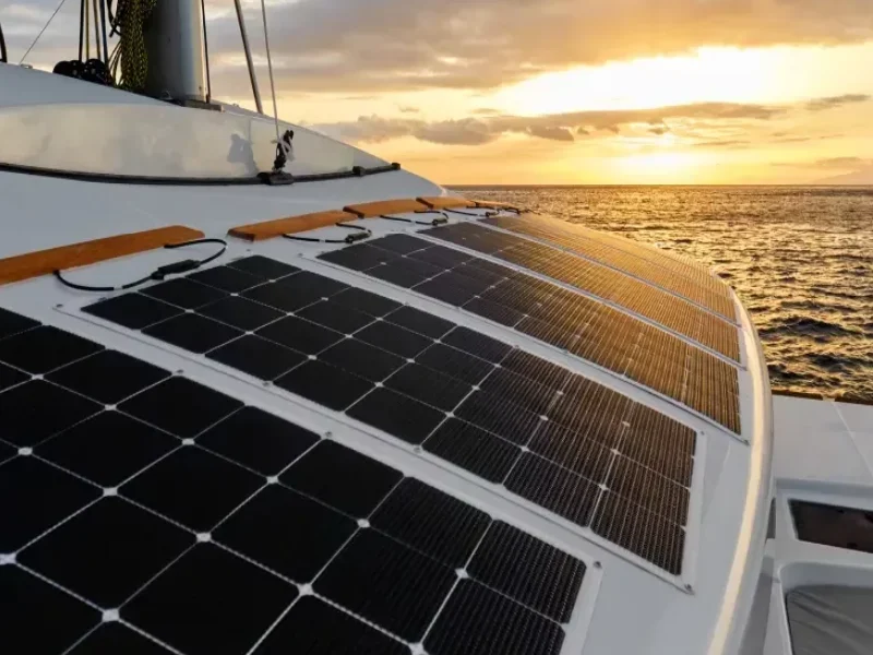 Flexible solar panel fitted to a sailboat deck
